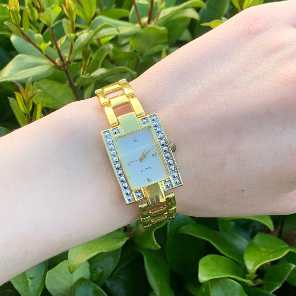 Haband Gold Color Quartz Watch Rectangle Face w/ Chain Link Band //